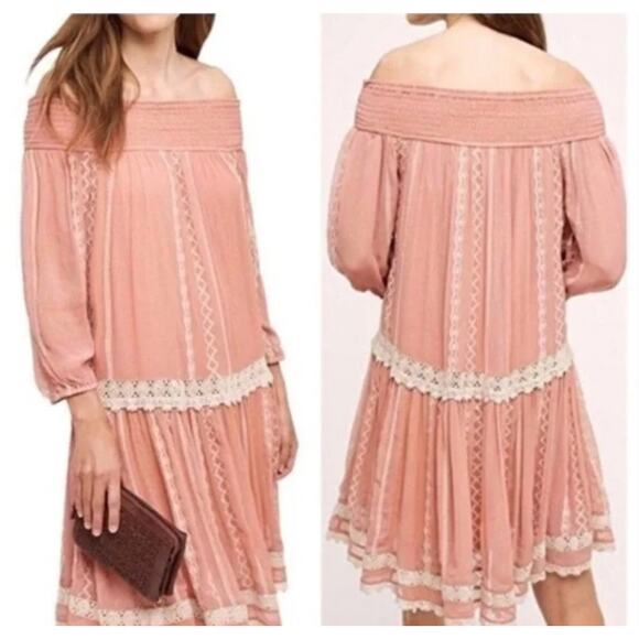 Anthropologie Floreat Orchard Pink Off Shoulder Boho Romantic Chiffon Mini Dress - Picture 1 of 10